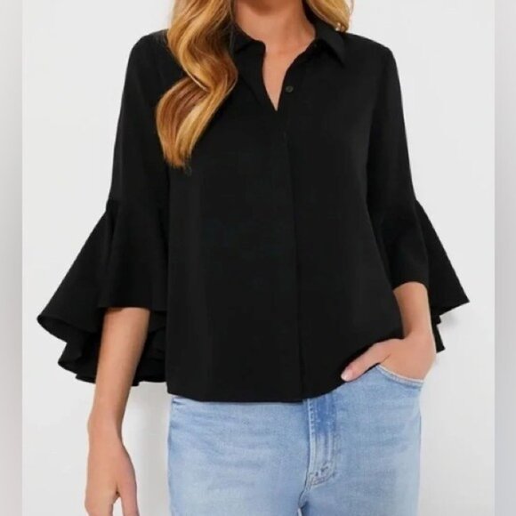 Tuckernuck Tops - Tuckernuck NEW Black Norah Bell Sleeve Collared Button Down Blouse Top Size L